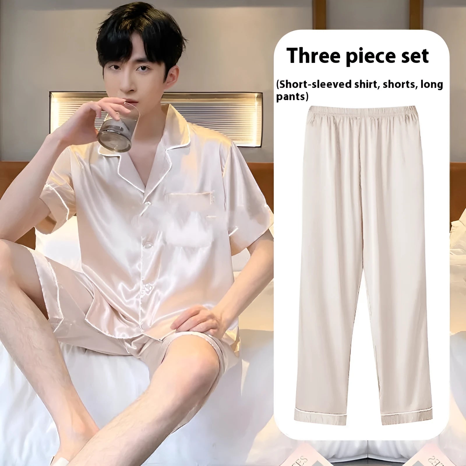 Men's ice silk three-piece homewear set in multiple colours showing top, shorts, and trousers for lounge wear