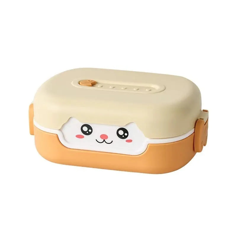 Square divided plastic lunch box in dark blue, orange yellow, and pink and green colours.