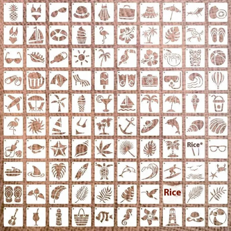 700 PET film hollow spray painting templates in seven 2-inch designs including floral, animal, ocean, and letter patterns