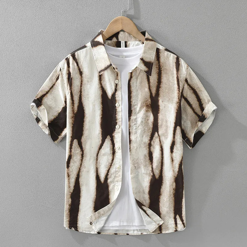 Retro striped pure cotton short sleeve shirt in loose cardigan style shown in black colour