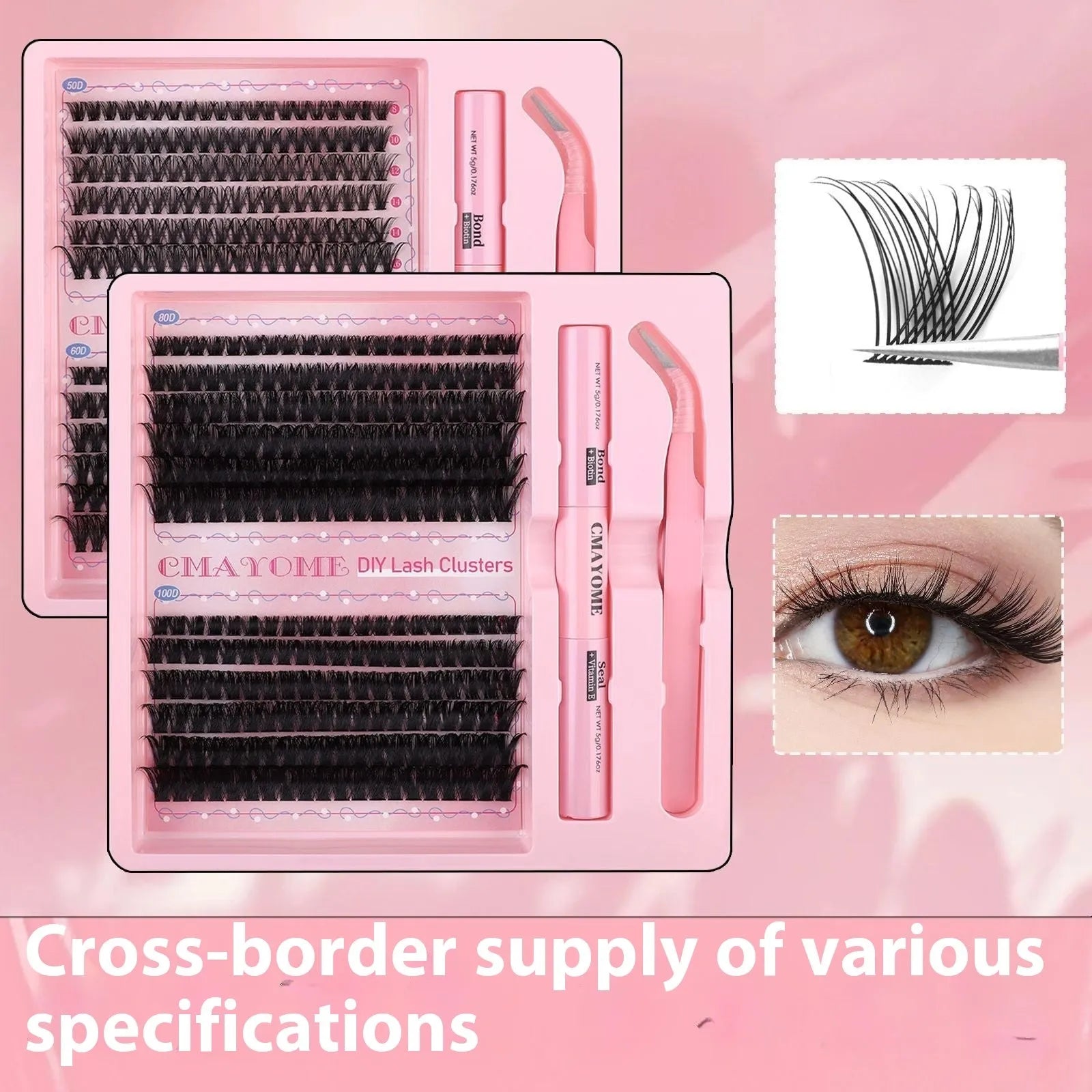 DIY single cluster false eyelashes set with four style options on a clear tray