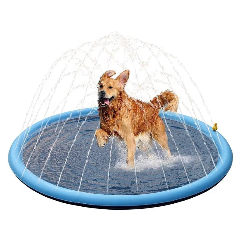 Dog playing on anti-slip inflatable splash pad with integrated sprinkler system outdoors