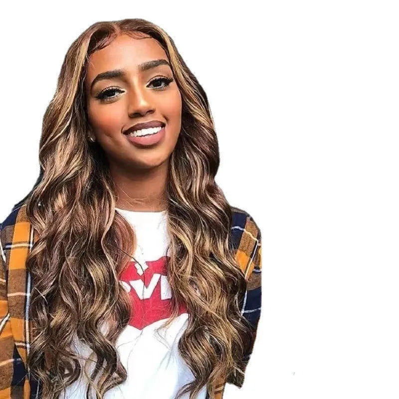 Front lace wig with long black gradient curly hair and side fringe, shown in big wave style.