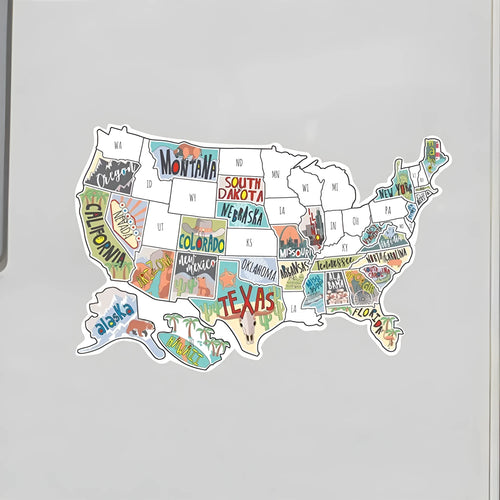 Travel-themed car body sticker set with map design and individual letter decals on white background