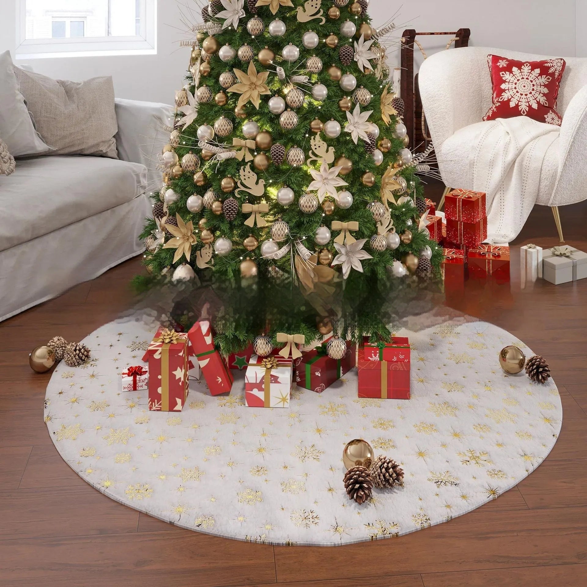 Plush red and green Christmas tree shaped rug with snowflake and star decorations on a wooden floor.