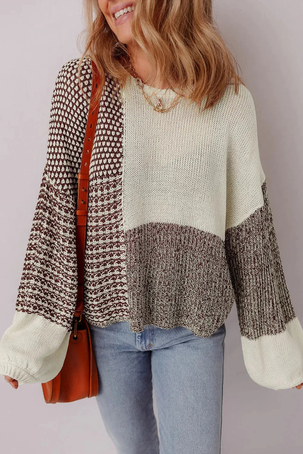 Dark khaki colour block loose sweater with drop shoulders and a back tie fastening.