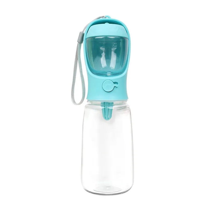 Blue portable plastic dog drinking cup with integrated bowl, showing dual-use design for outings.