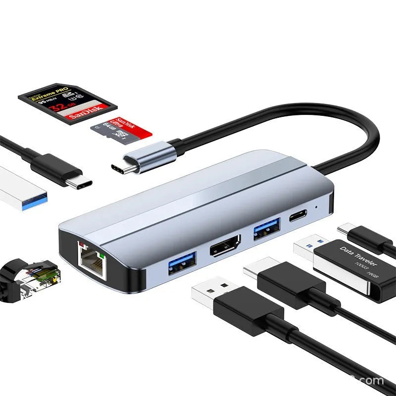 USB-C 7-in-1 expansion dock with HDMI port, USB 3.0 ports, and card readers connected to laptop