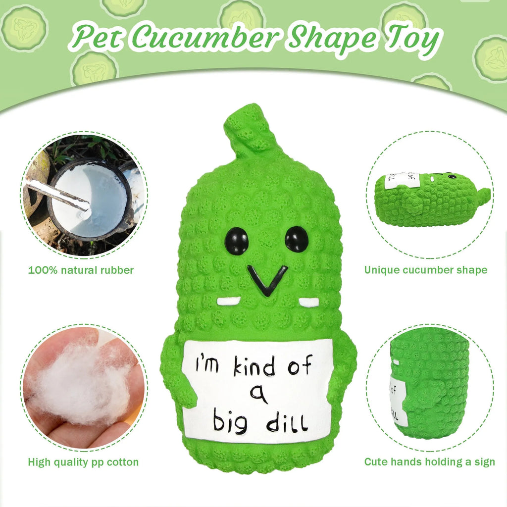 Green pickle-shaped squeaky dog chew toy with textured surface for dental cleaning