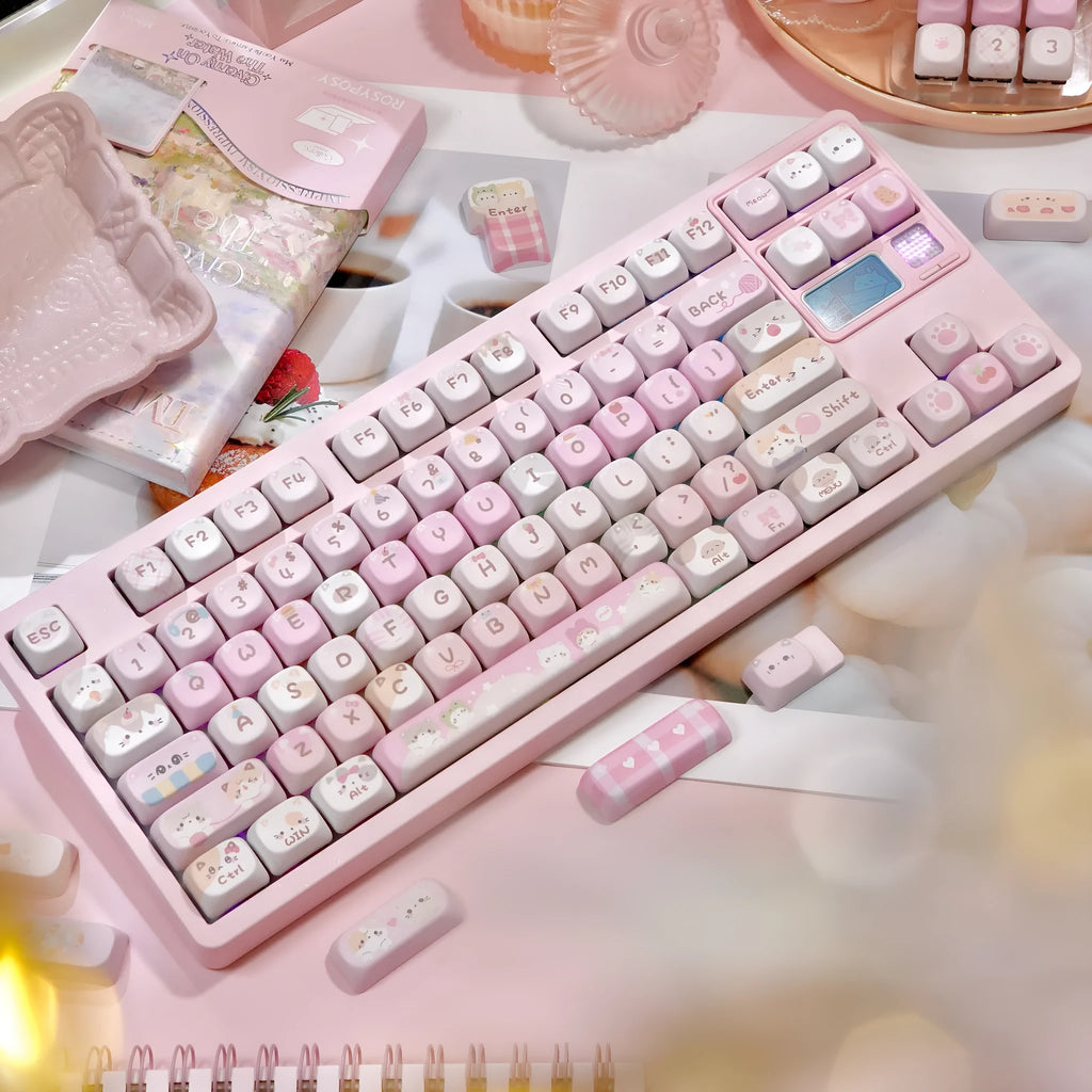 MOA height full five-sided sublimation key cap set with pink cartoon designs for mechanical gaming keyboards