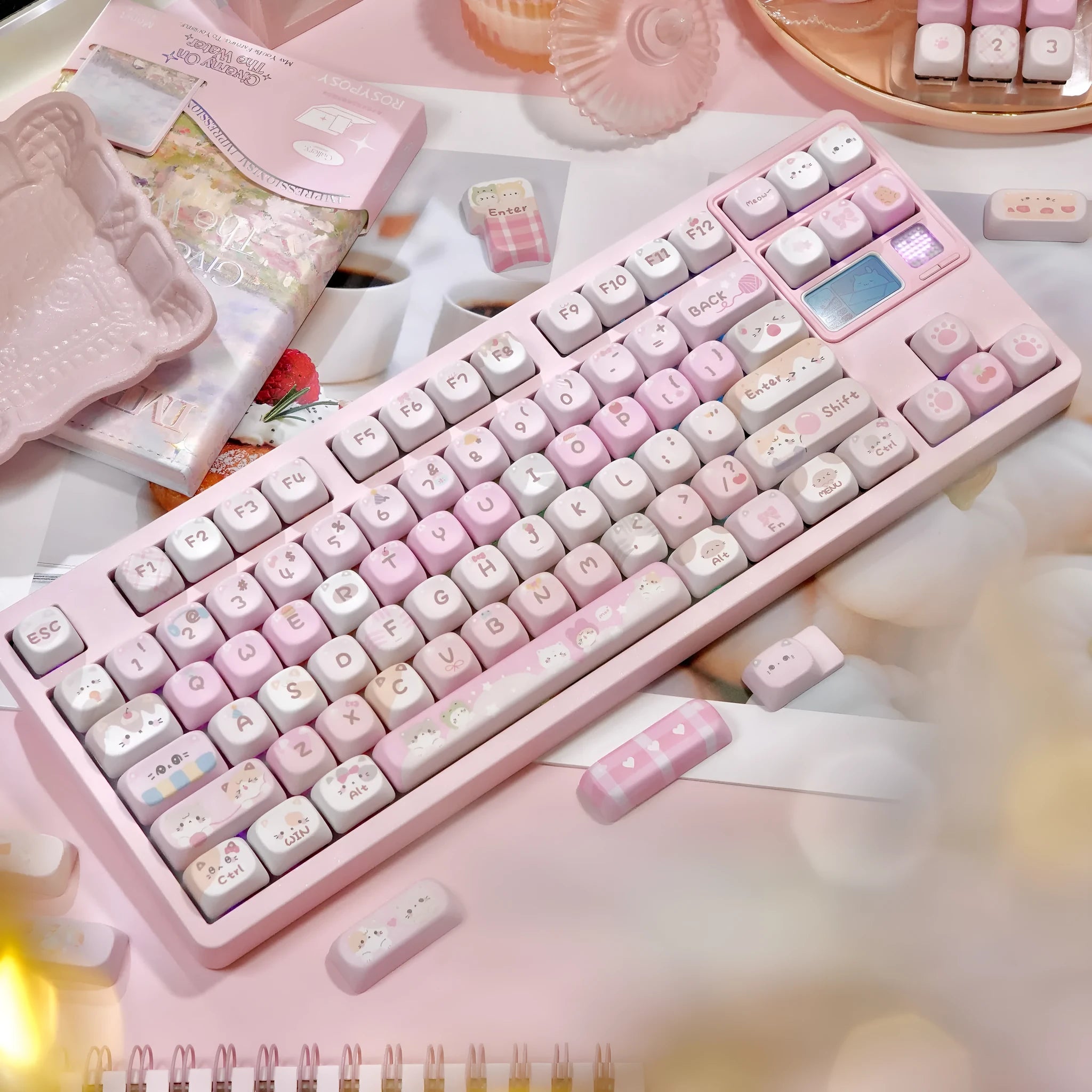 MOA height full five-sided sublimation key cap set with pink cartoon designs for mechanical gaming keyboards