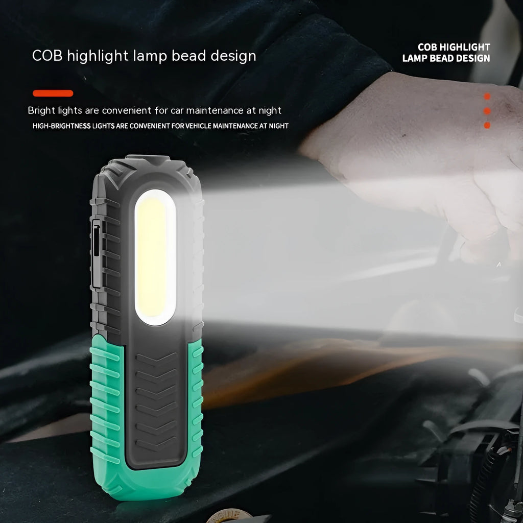 Black and green USB rechargeable auto repair work light with compact dimensions