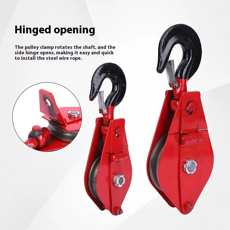 Red forged steel lifting pulley with a ring hook and safety latch for industrial general lifting applications.