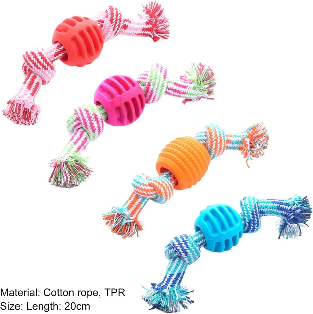 Blue molar-shaped dog chew toy with attached ropes for dental cleaning and tugging play.