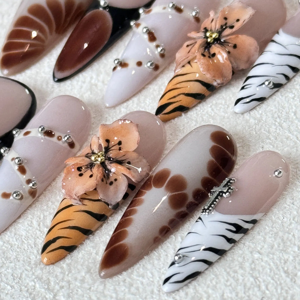 Handmade French style leopard print nail stickers with cross and flower patterns in retro hot girl design