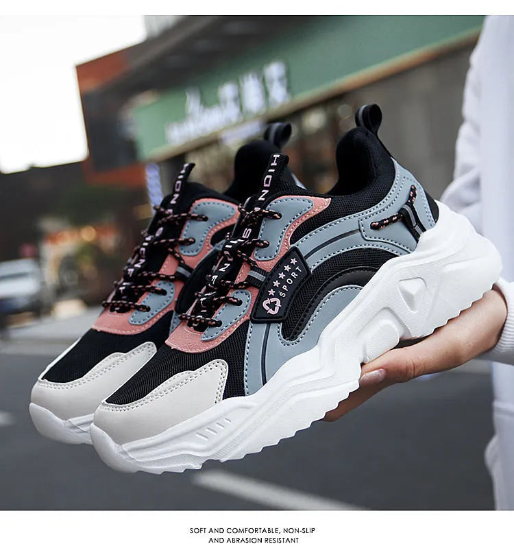 White women's casual sports shoes with mesh upper, buckle, and thick PU sole