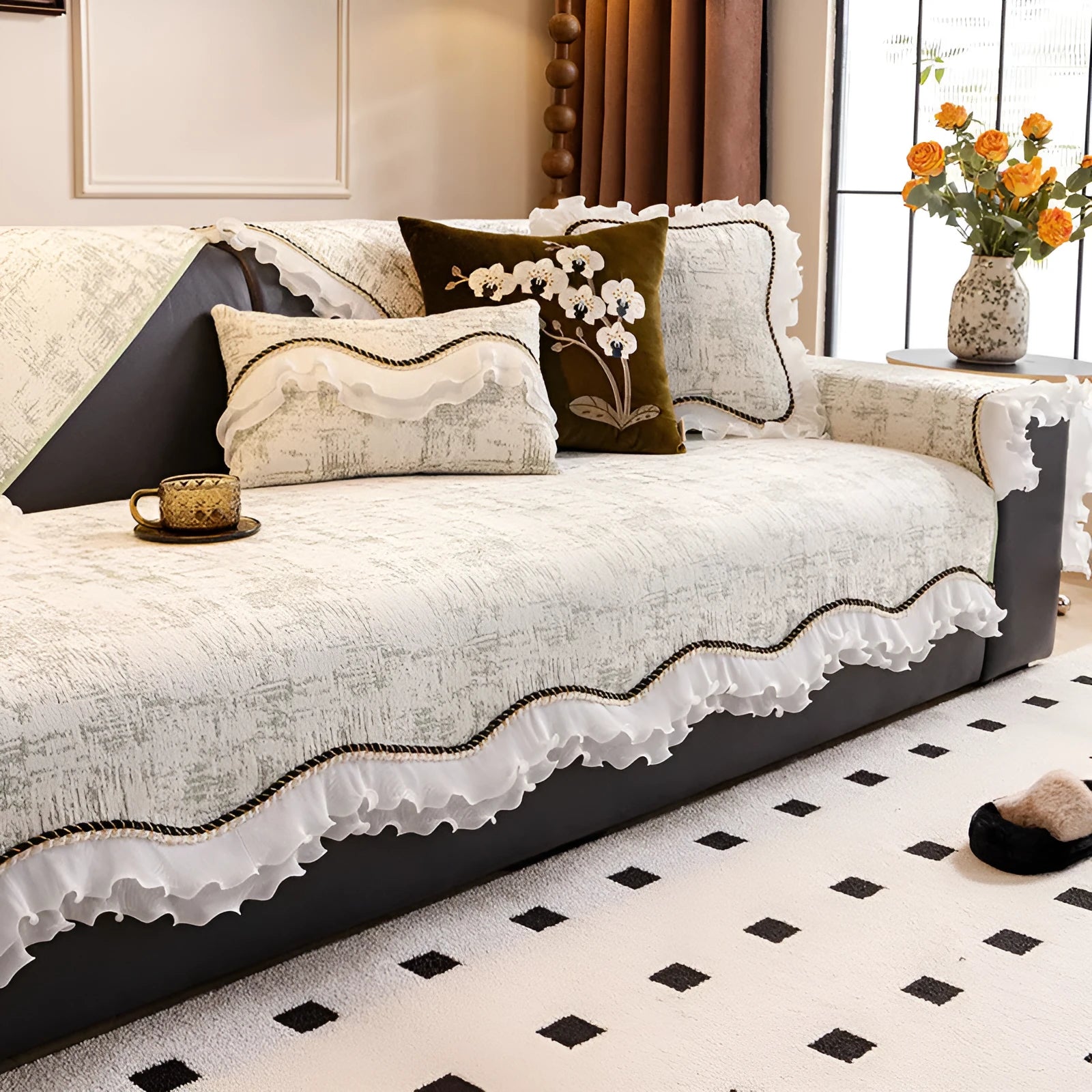 Chenille non-slip sofa cushion cover in striped pattern, available in multiple colours and sizes