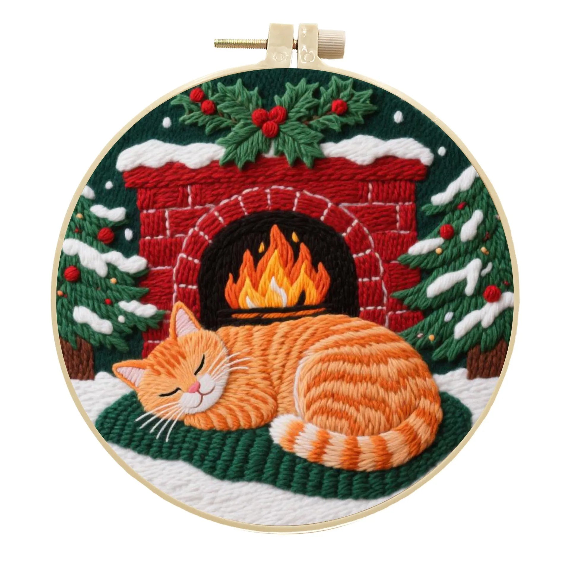 DIY embroidery material kit showing cotton linen fabric with cat and autumn fruit design, optional bamboo hoop and scissors