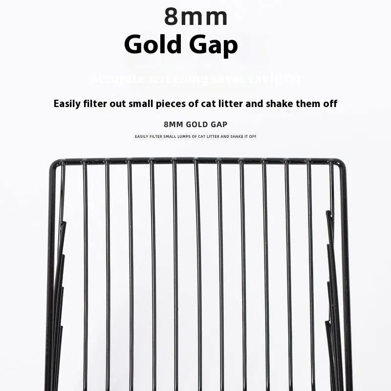 Black metal cat litter scoop with narrow tines for sifting clumping litter.