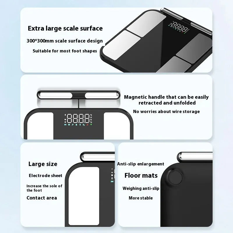 Black electronic weighing scale with tempered glass platform showing body fat analysis on colour screen