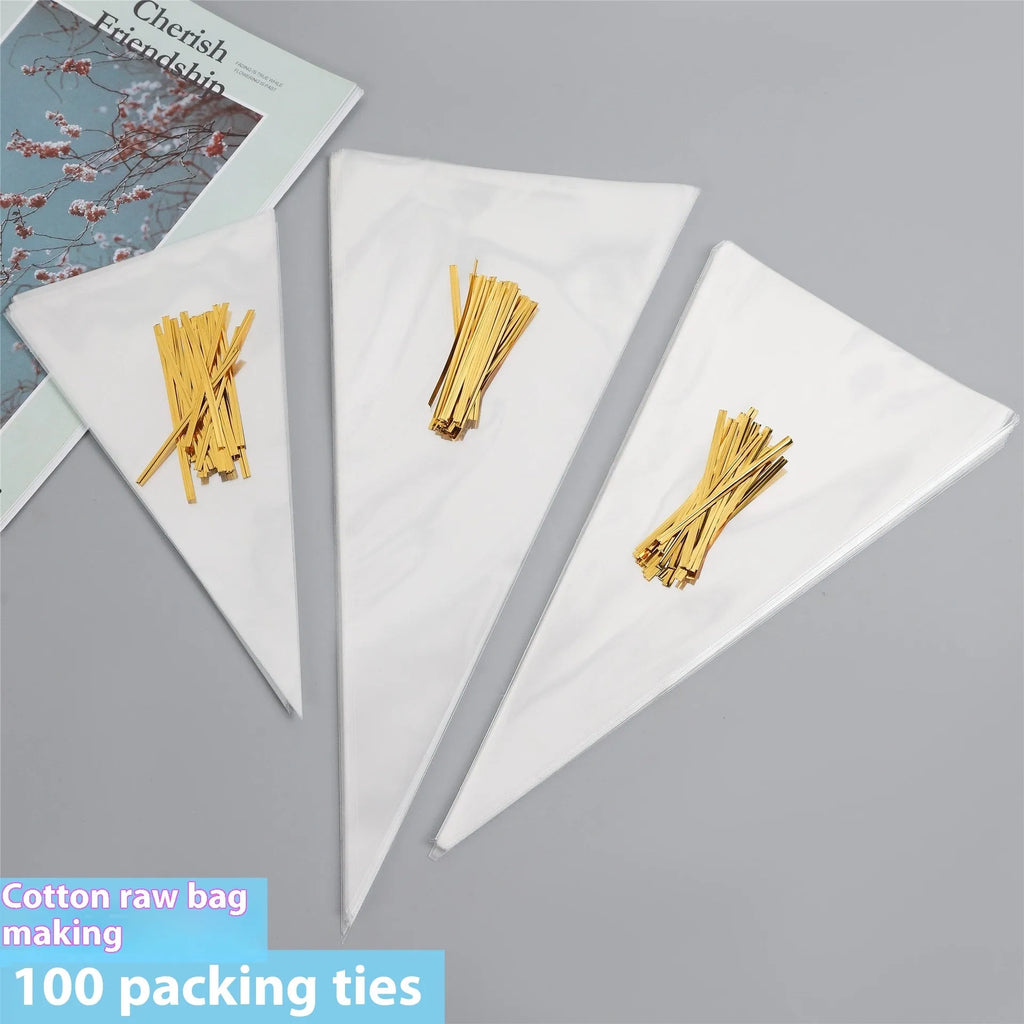 Transparent triangle-shaped plastic OPP bag with a silver tie wire closure, shown in a pack.