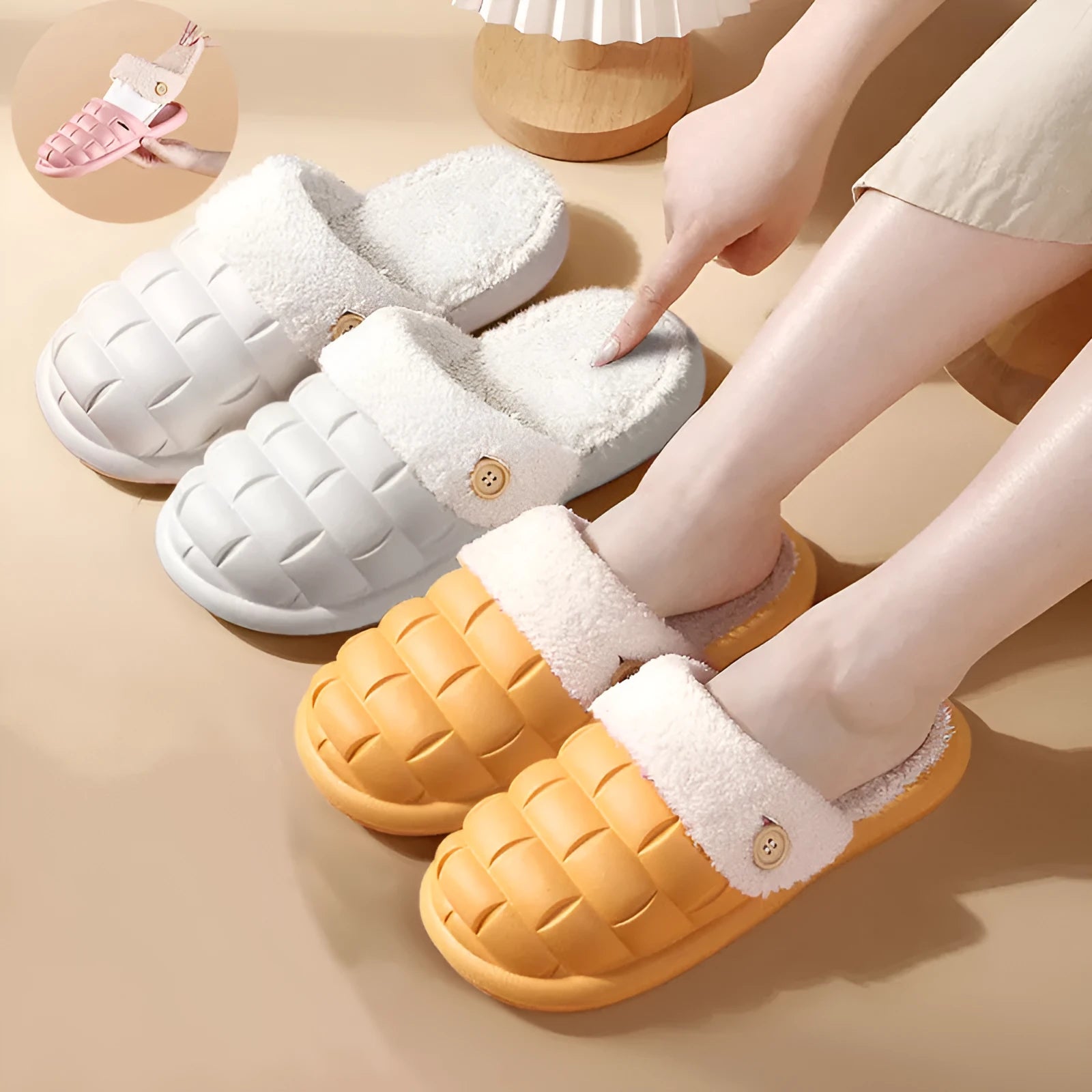 Plaid patterned detachable slippers for women with plush lining and a textured EVA anti-skid sole.