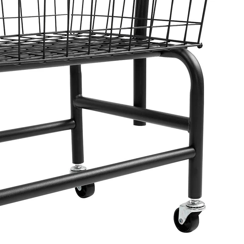 White iron pulley storage car with a single rod for hanging clothes hangers on a track.