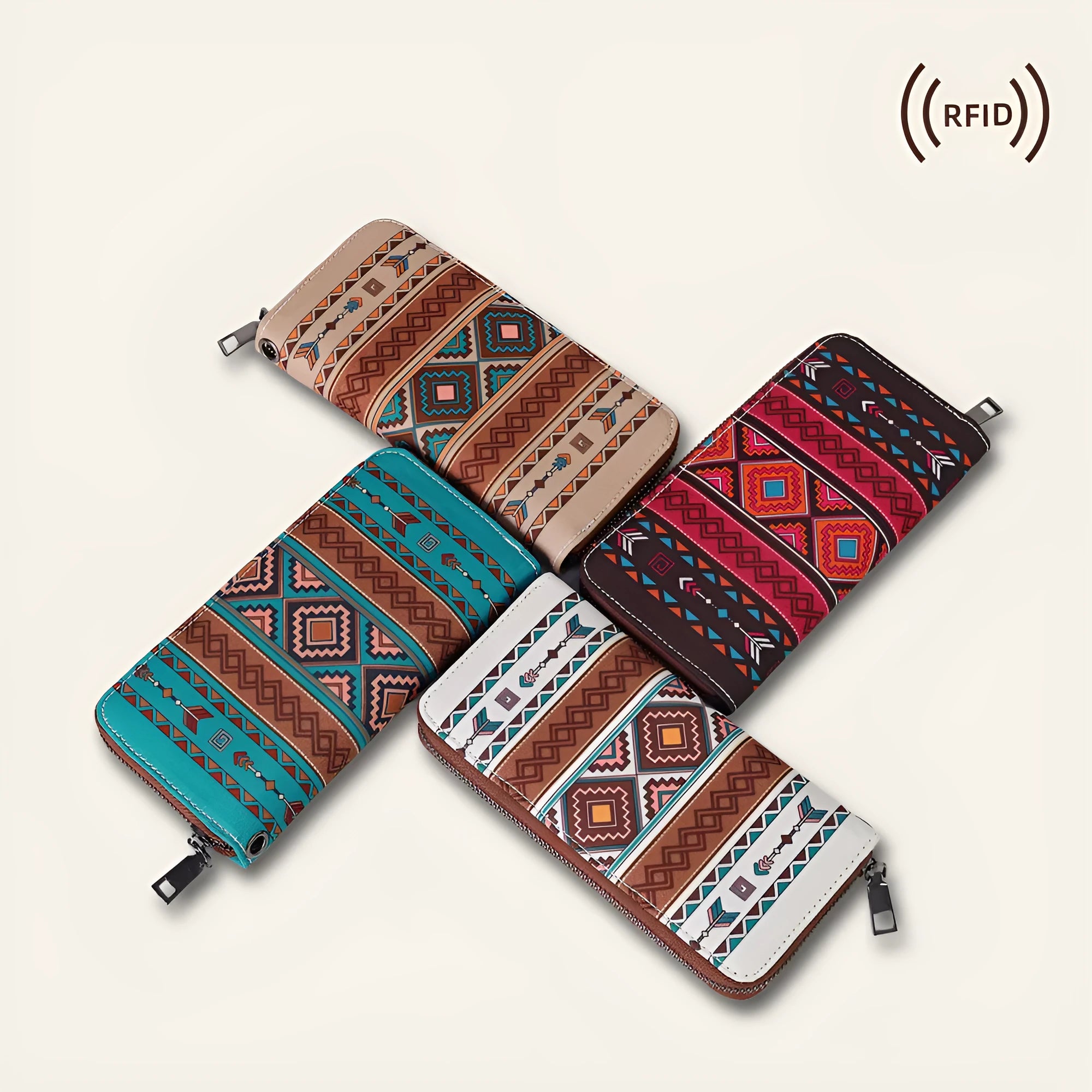 Bohemian-style striped canvas RFID wallet with wind belt design shown in multiple colour options