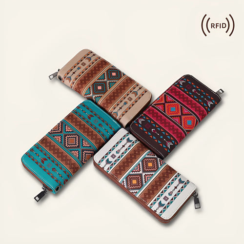 Bohemian-style striped canvas RFID wallet with wind belt design shown in multiple colour options