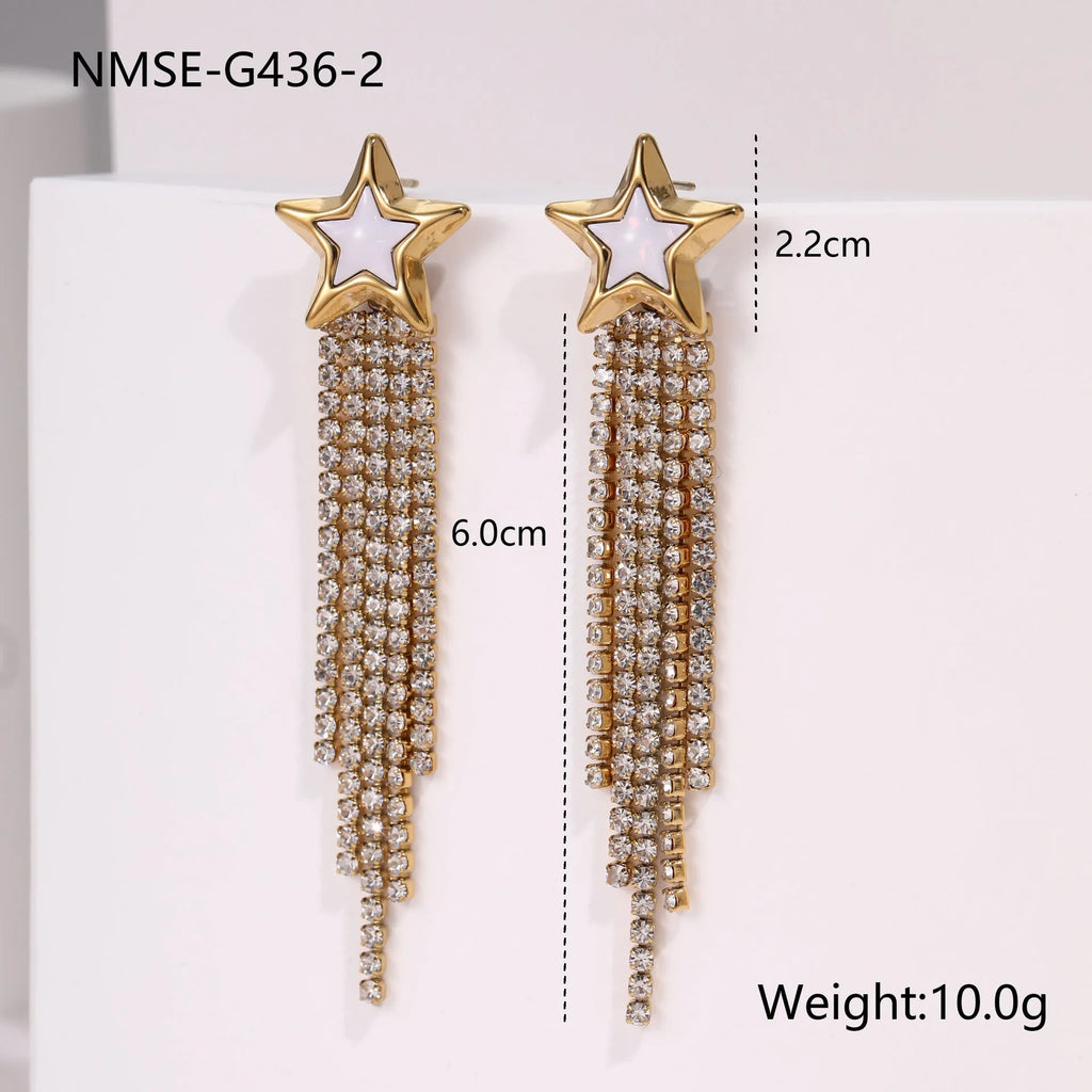 Stainless steel heart and star earrings with diamond tassel design and 18K gold electroplating