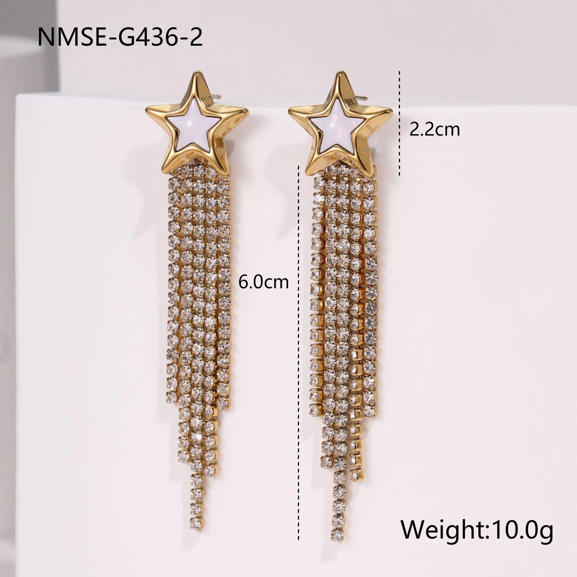 Stainless steel heart and star earrings with diamond tassel design and 18K gold electroplating