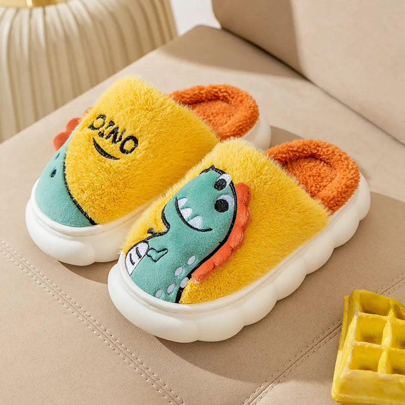 Cotton plush couple slippers with dinosaur designs in coffee, grey and orange yellow colours