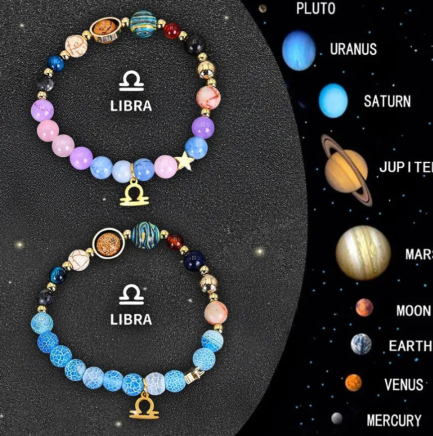 Two adjustable natural stone beaded bracelets with metal zodiac sign charms on a wooden surface.