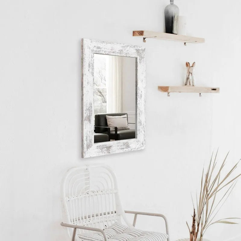 Wall-mounted bathroom mirror with retro Chinese style frame in white, available in two size options