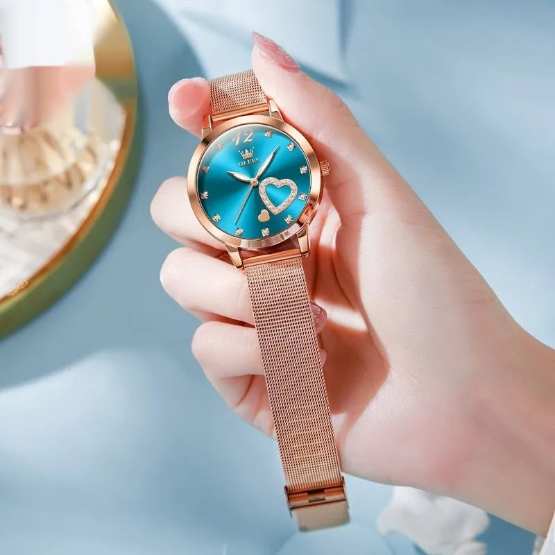 Women's fashion watch with mesh strap and rose shell case in six dial colour options