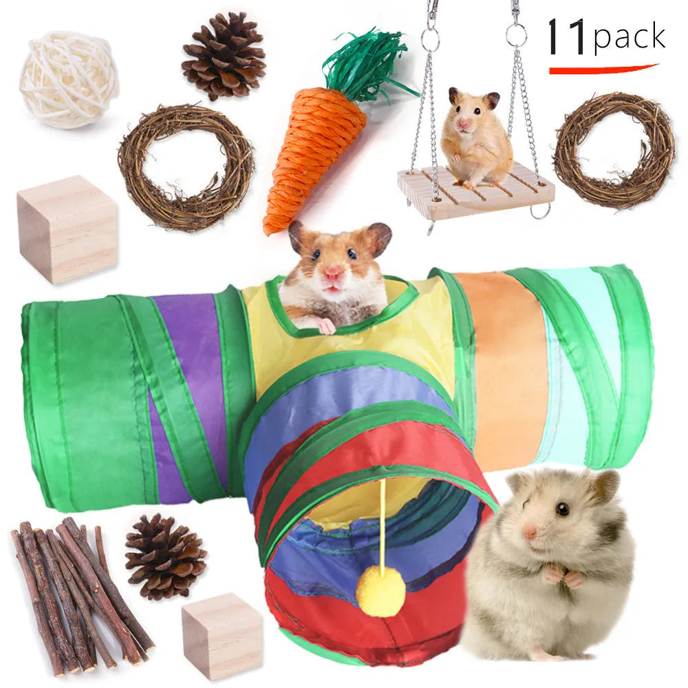 Wooden pet toy set with chewable pieces for rabbits, guinea pigs and parrots