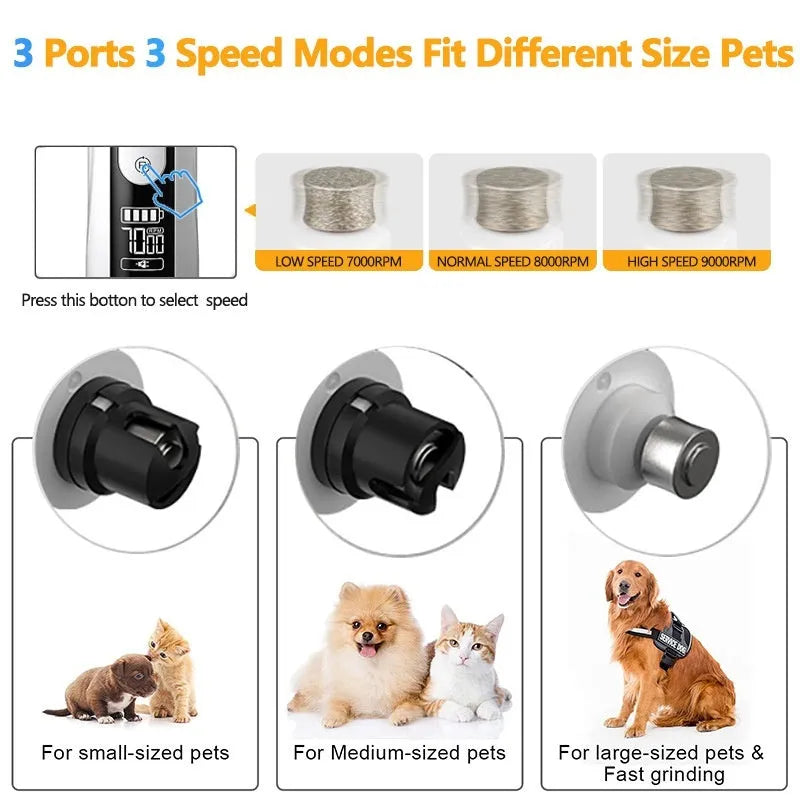 White electric dog nail trimmer with LED display showing speed settings and dust collection compartment