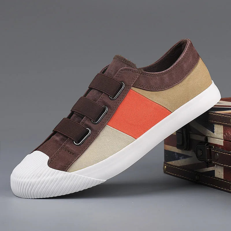 Men's low-top canvas sneakers with elastic band in beige colour