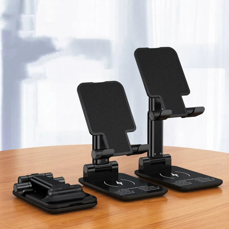 Cool black wireless charging desktop phone holder stand showing phone positioned upright on charging surface