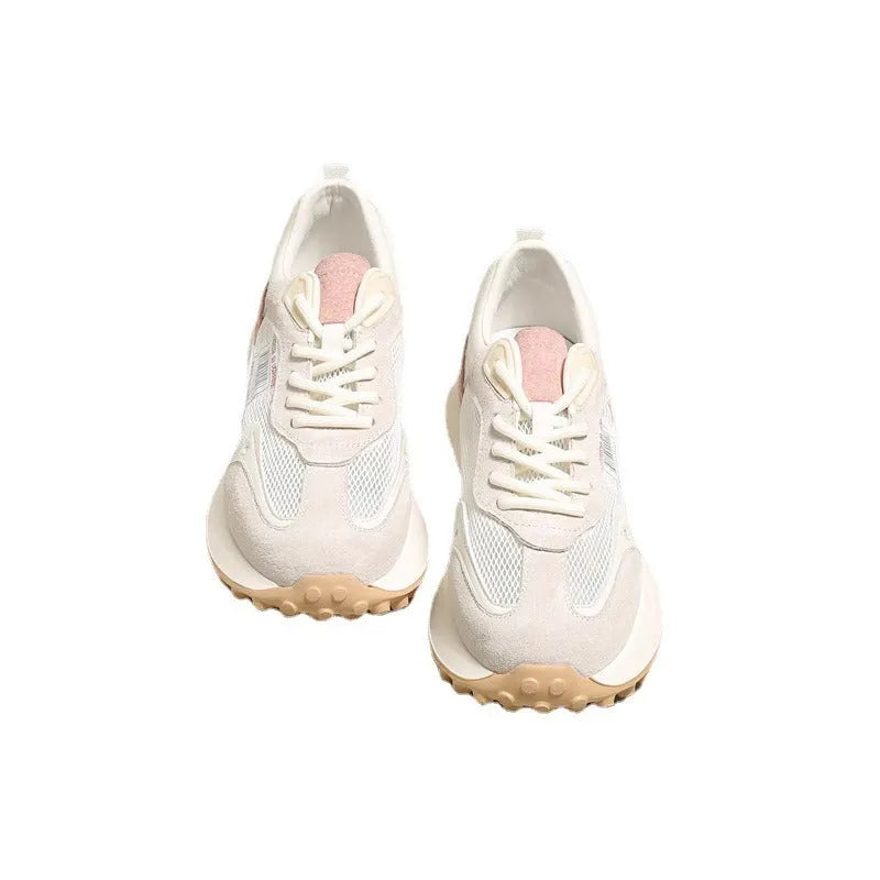 Women's grey and pink low-top retro sneakers with round toe and flat rubber sole