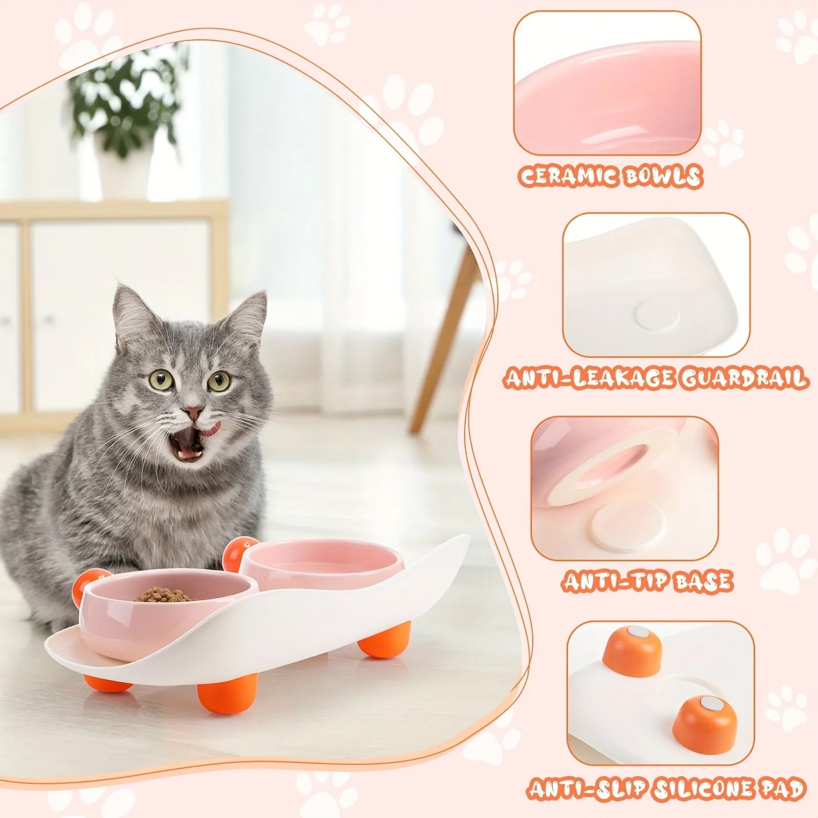 A pink ceramic raised pet bowl with two compartments and a non-slip black rubber base.