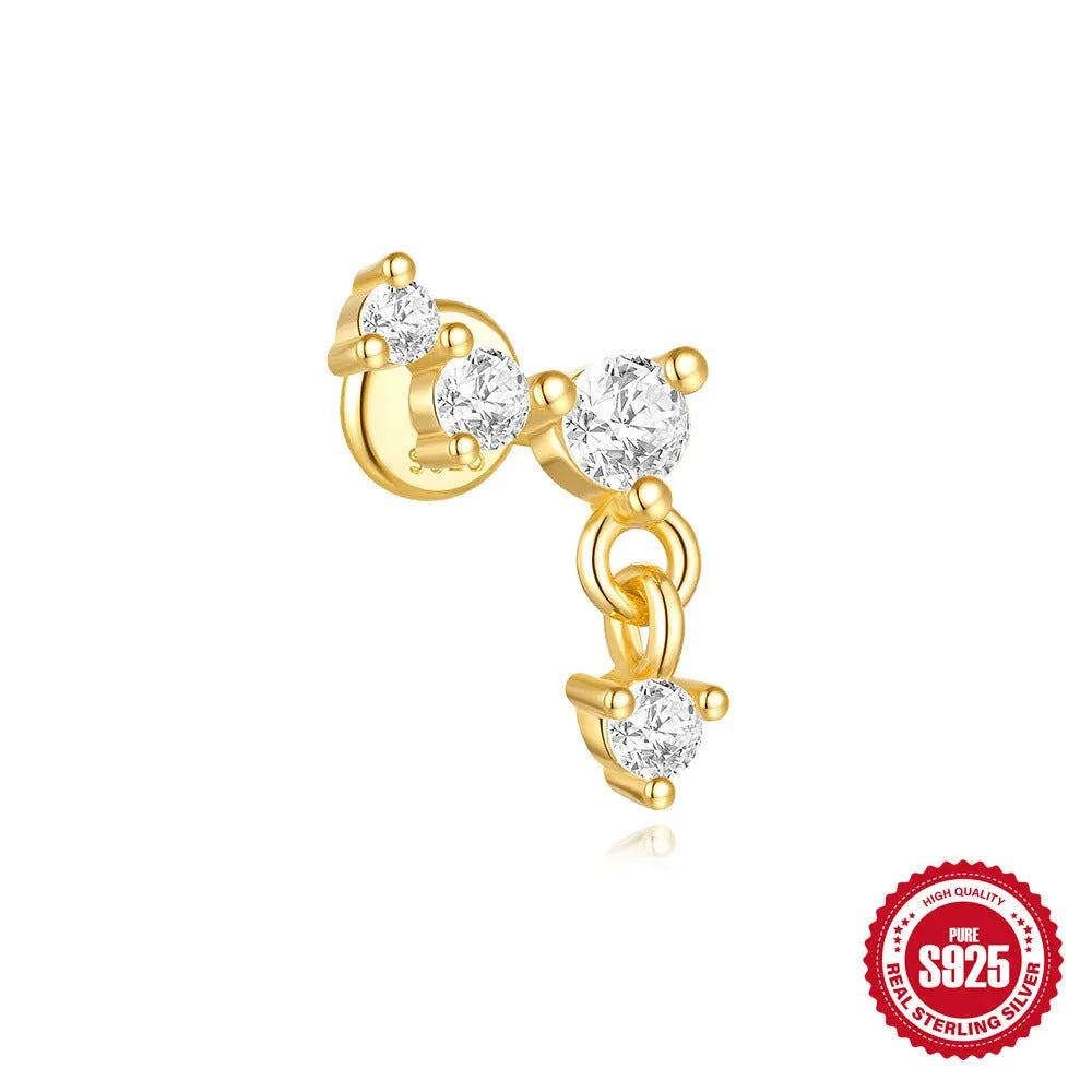 S925 sterling silver geometric moon and star earrings with embedded diamond detailing in gold tone finish