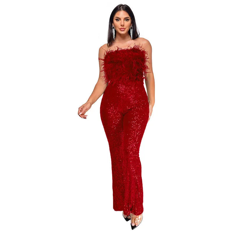 Women's sleeveless backless jumpsuit with flared legs and sequin collar in a selection of colours.