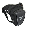 0105MC motorcycle riding leg bag in 1200D Oxford cloth shown in red, blue, green, and grey colour options.