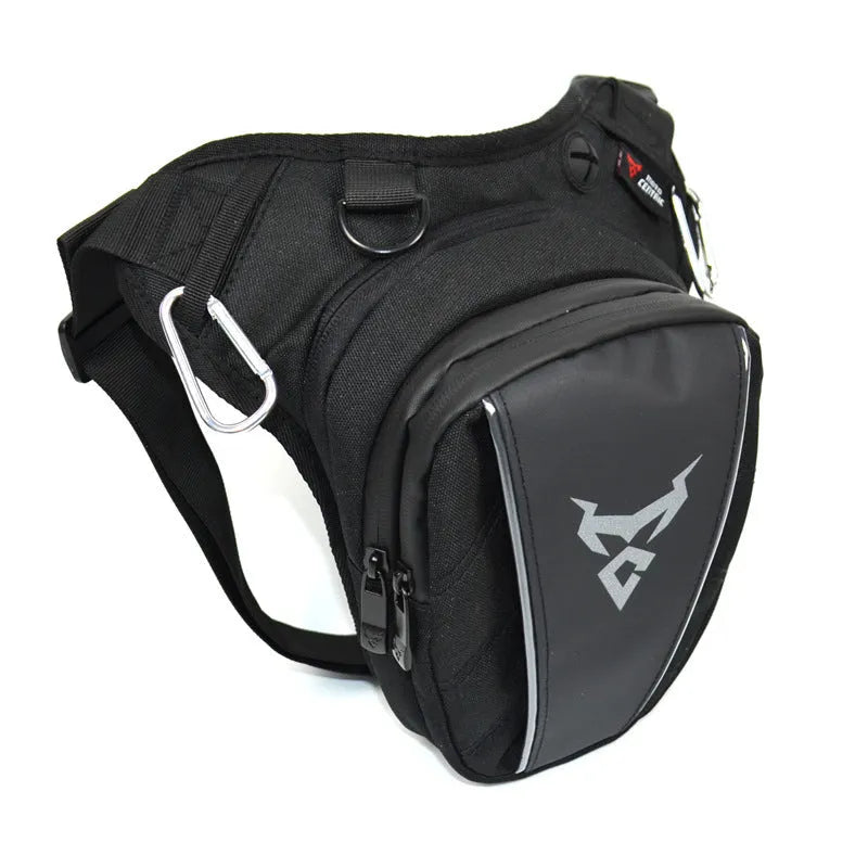 0105MC motorcycle riding leg bag in 1200D Oxford cloth shown in red, blue, green, and grey colour options.