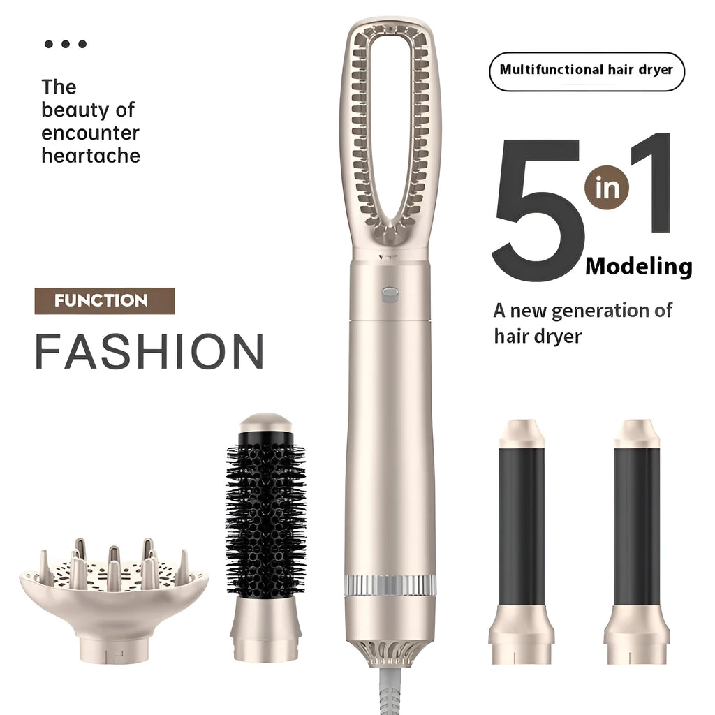 Champagne gold five-in-one hot air comb hair curler and straightener with multi-function styling capabilities