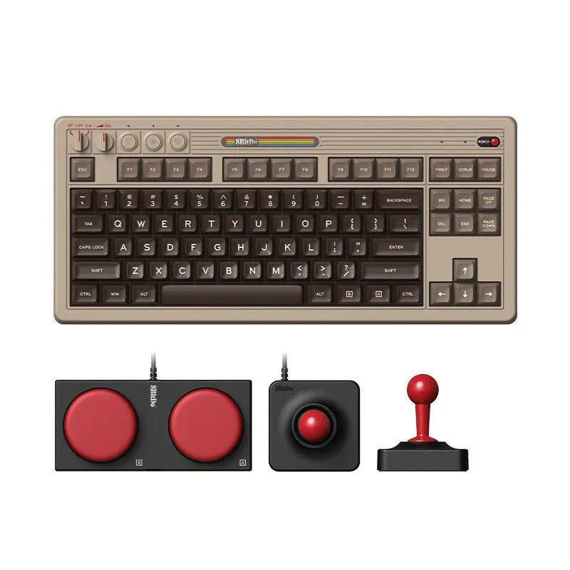 Retro87 C64 wireless Bluetooth mechanical keyboard with rocker on a desk.
