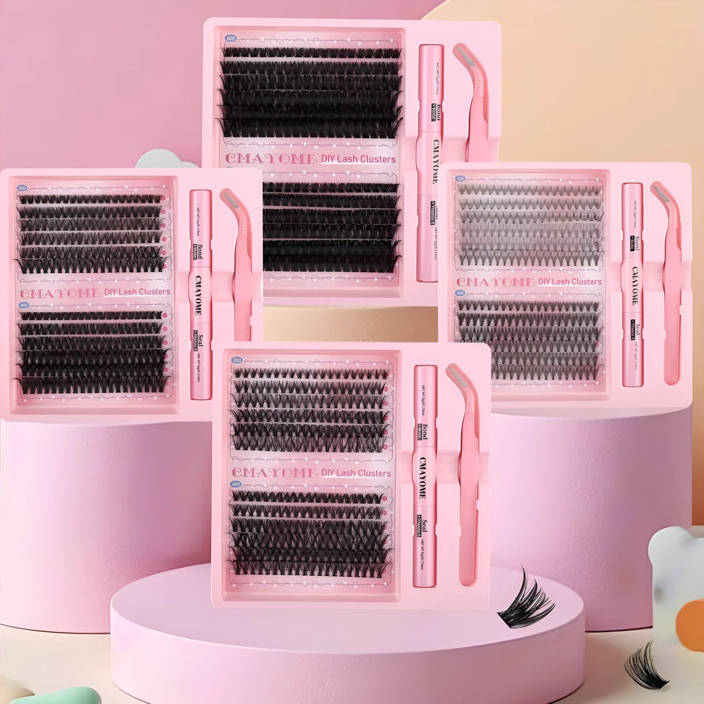 DIY single cluster false eyelashes set with four style options on a clear tray
