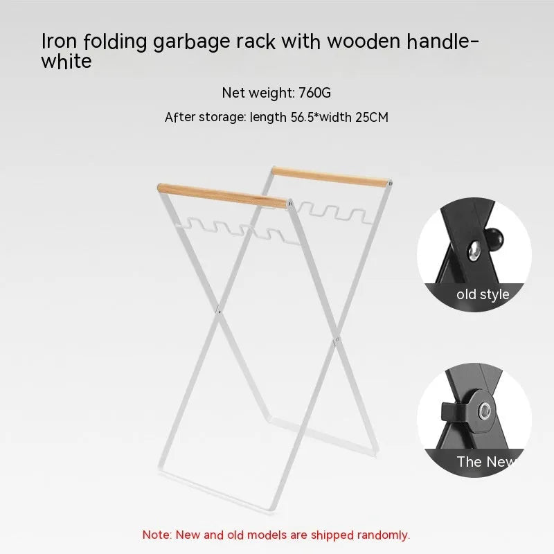 Black iron folding trash storage rack with wooden carrying handles