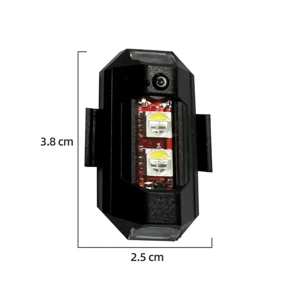 Drone strobe light with RGB LED showing multiple colours, Type-C charging cable, and mounting tape and belts